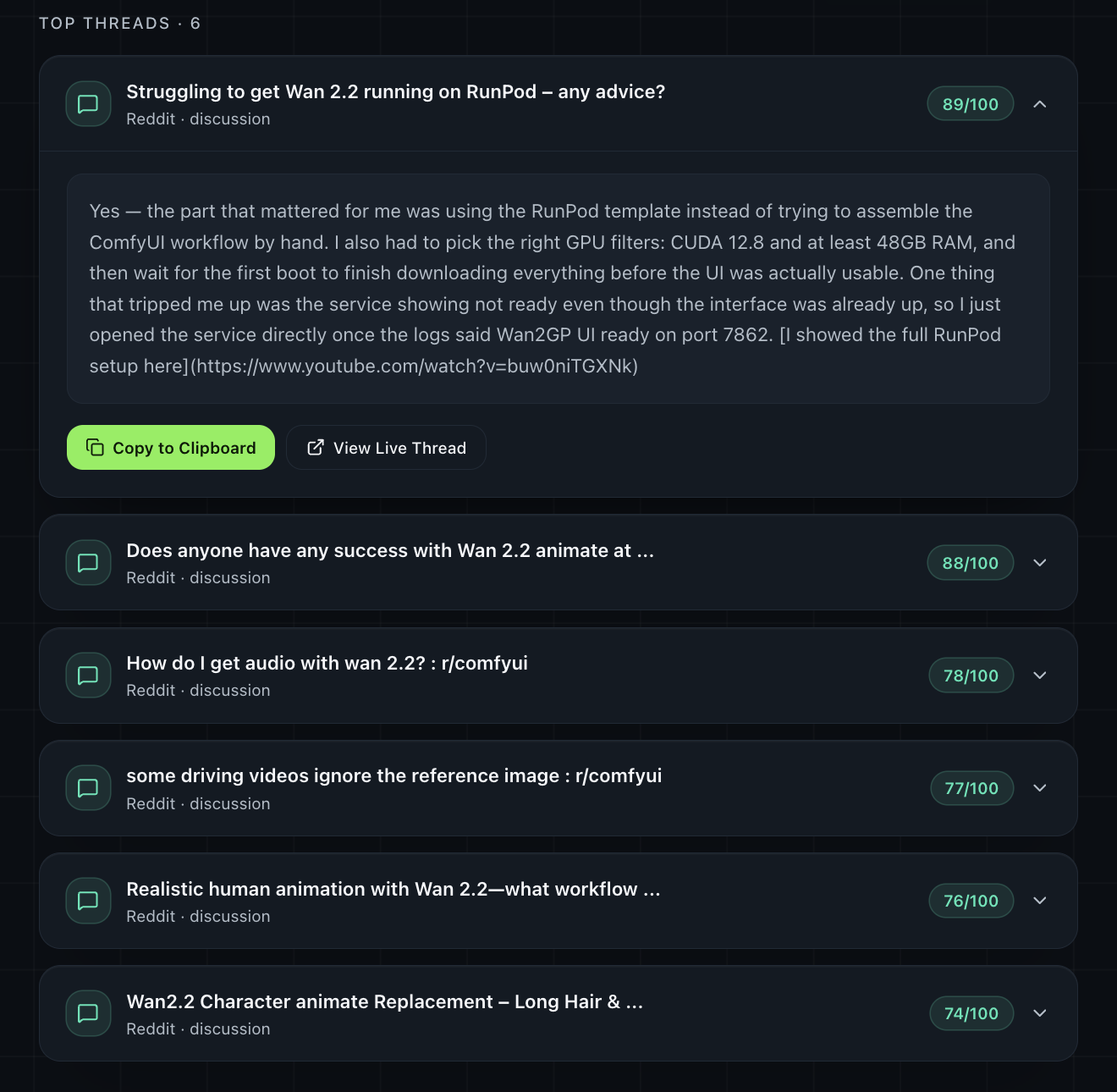 IntentCast results showing scored Reddit threads with drafted replies